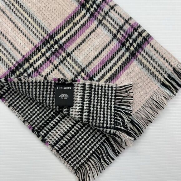 Steve Madden Pink Plaid Houndstooth Reversible Blanket Scarf Wrap Fringe - Picture 6 of 7